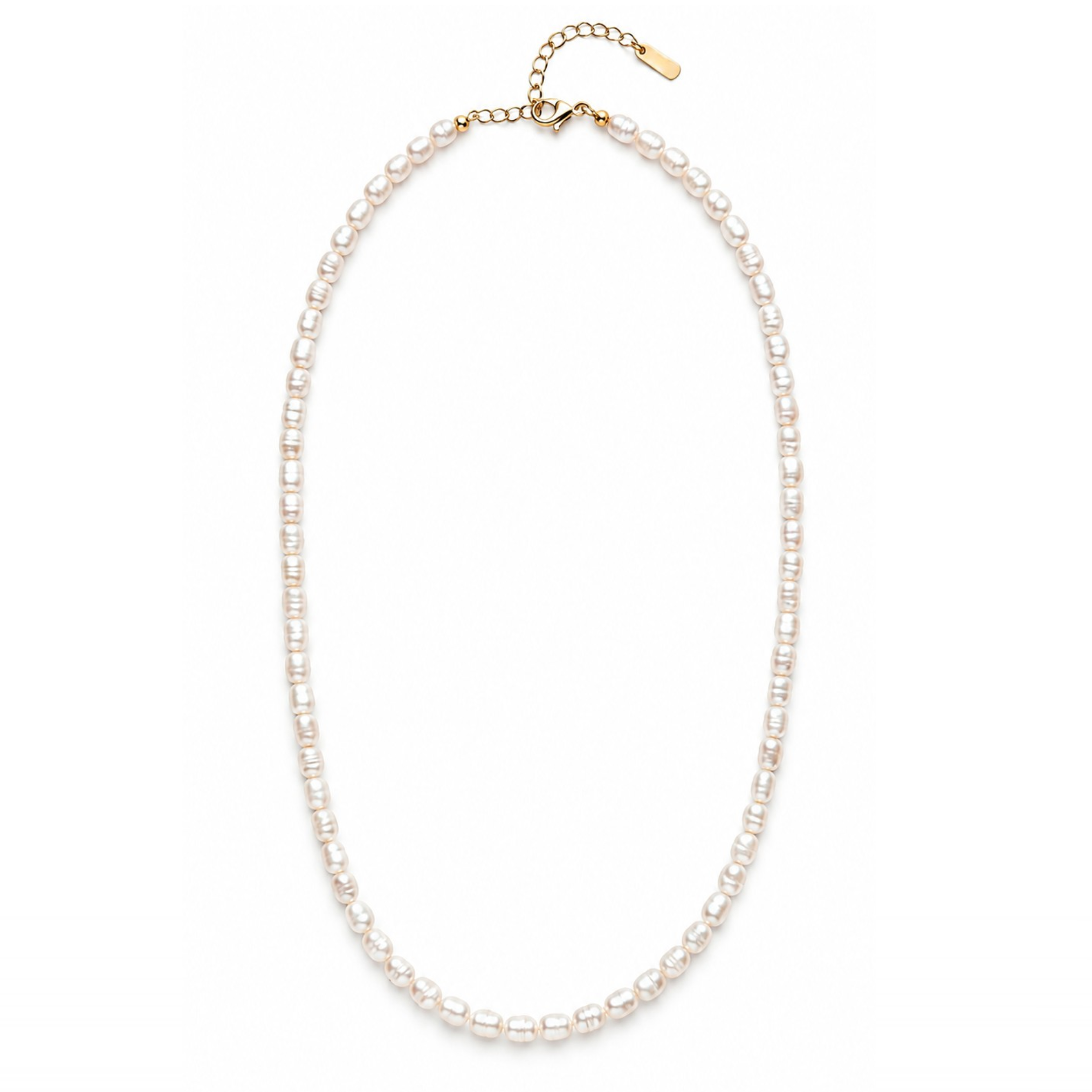 A delicate strand necklace made of small white pearls with a gold clasp and extender chain, shown on a plain white background.