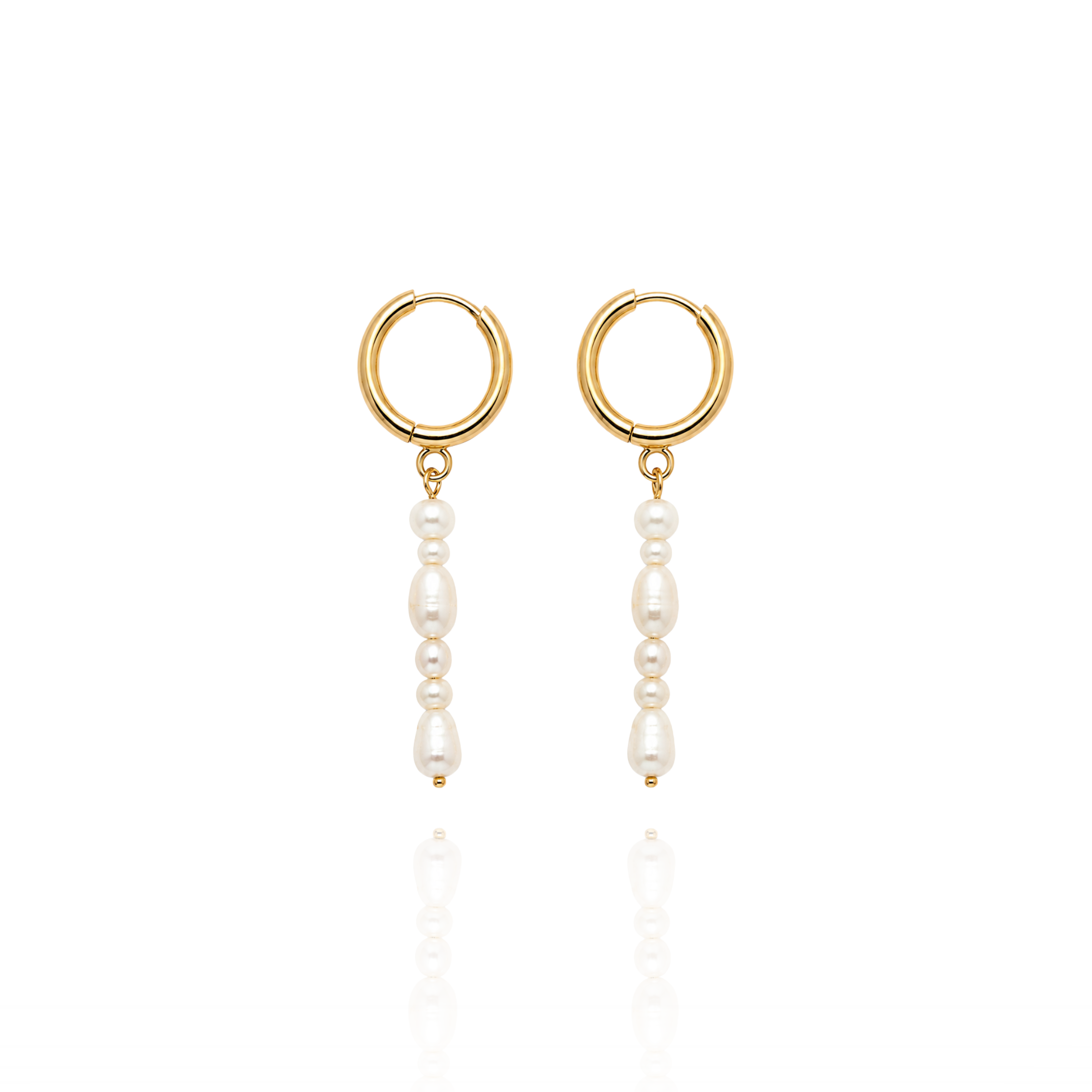A pair of gold hoop drop earrings with dangling white pearl beads, shown on a clean white background with a soft reflection below.