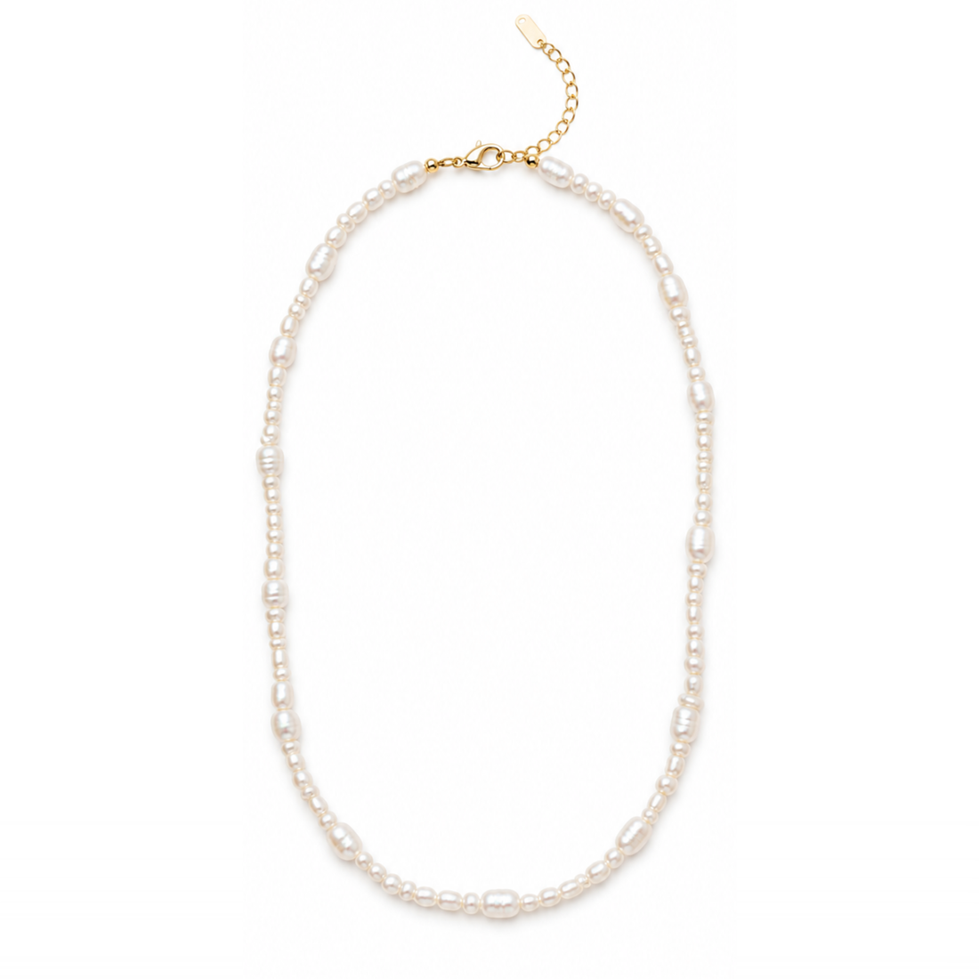 A delicate pearl necklace with irregular white pearls and gold-toned metal findings, including a clasp and extender chain, displayed on a clean white background.