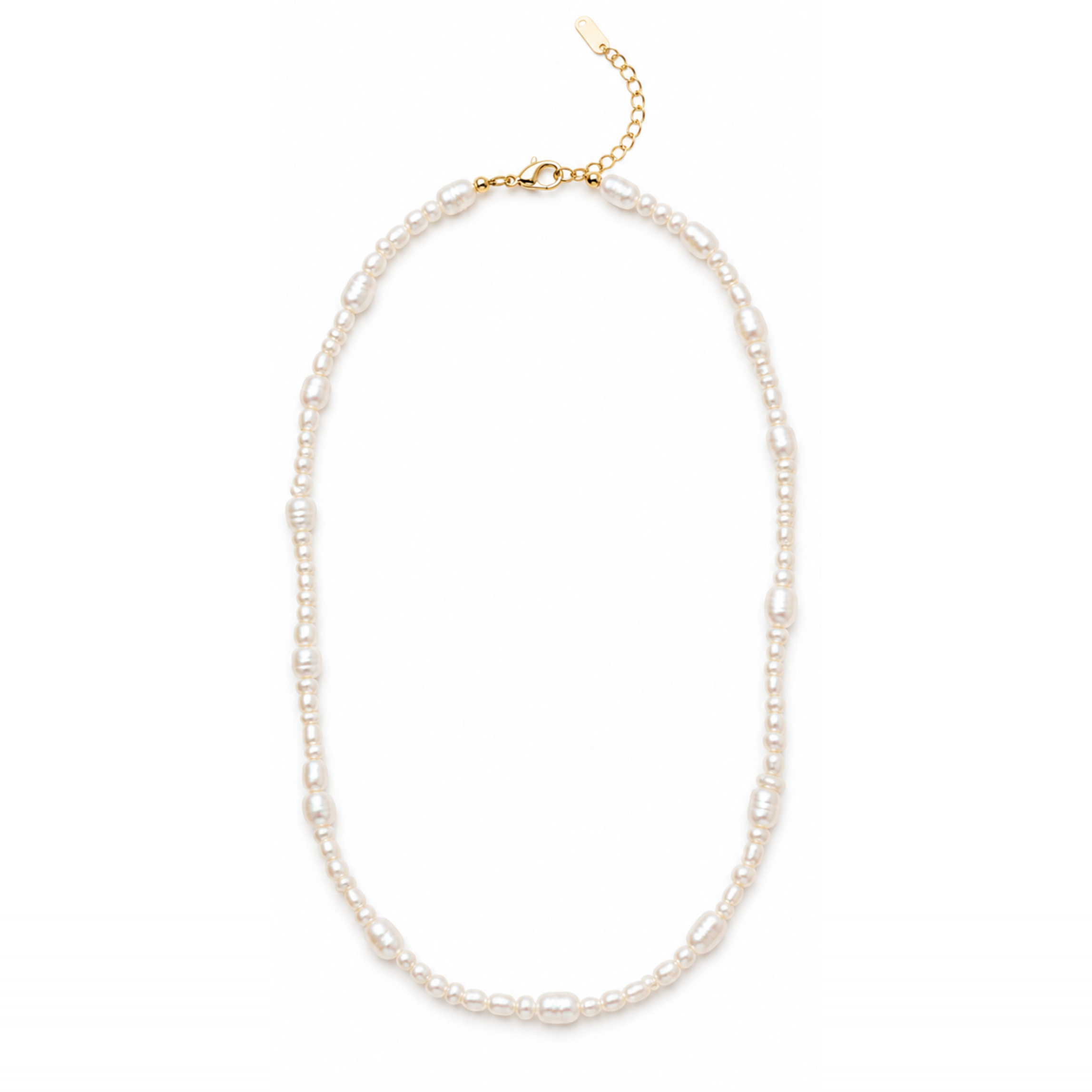 A delicate pearl necklace with irregular white pearls and gold-toned metal findings, including a clasp and extender chain, displayed on a clean white background.