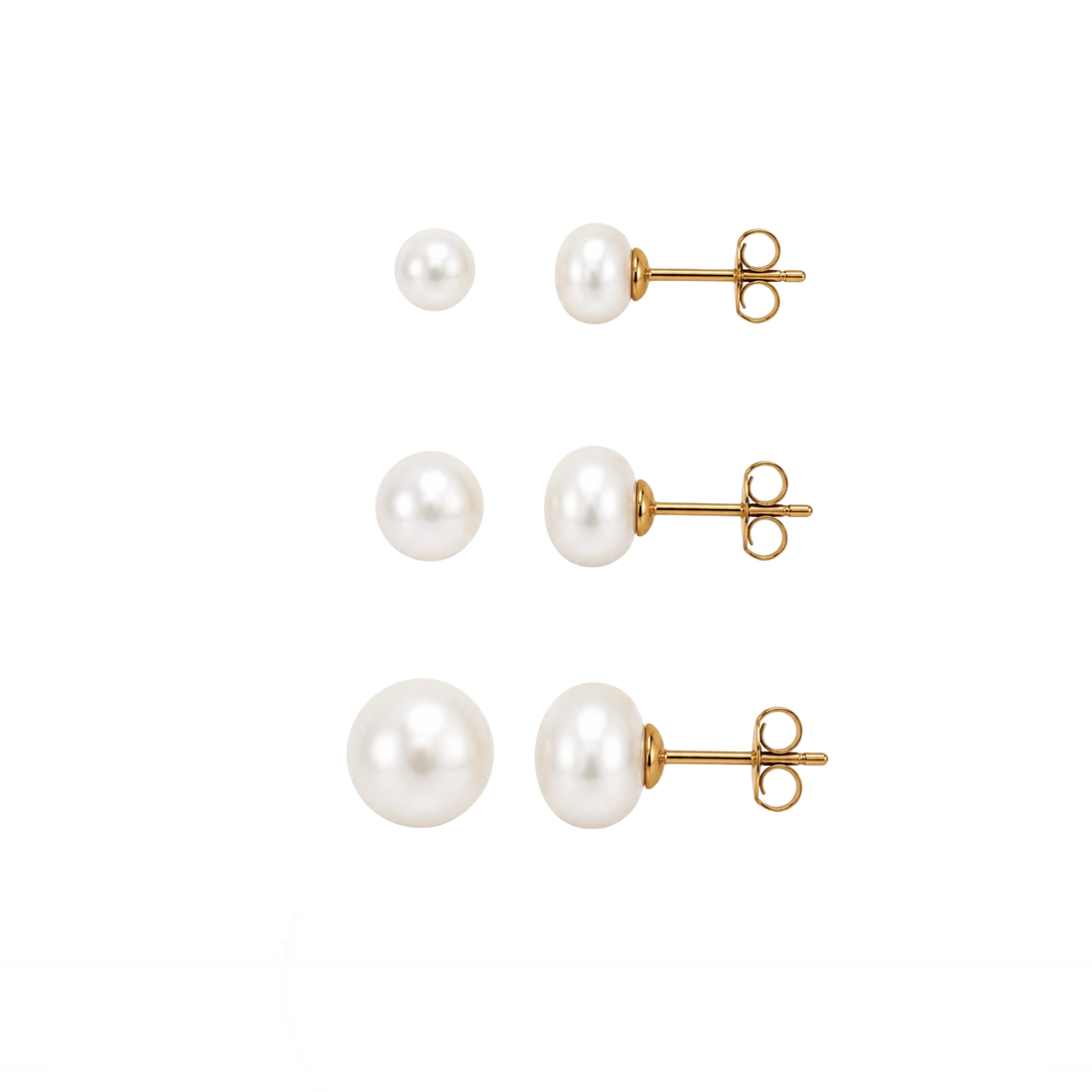 Three pairs of pearl stud earrings with gold posts and butterfly backings, shown in small, medium, and large sizes on a plain white background.