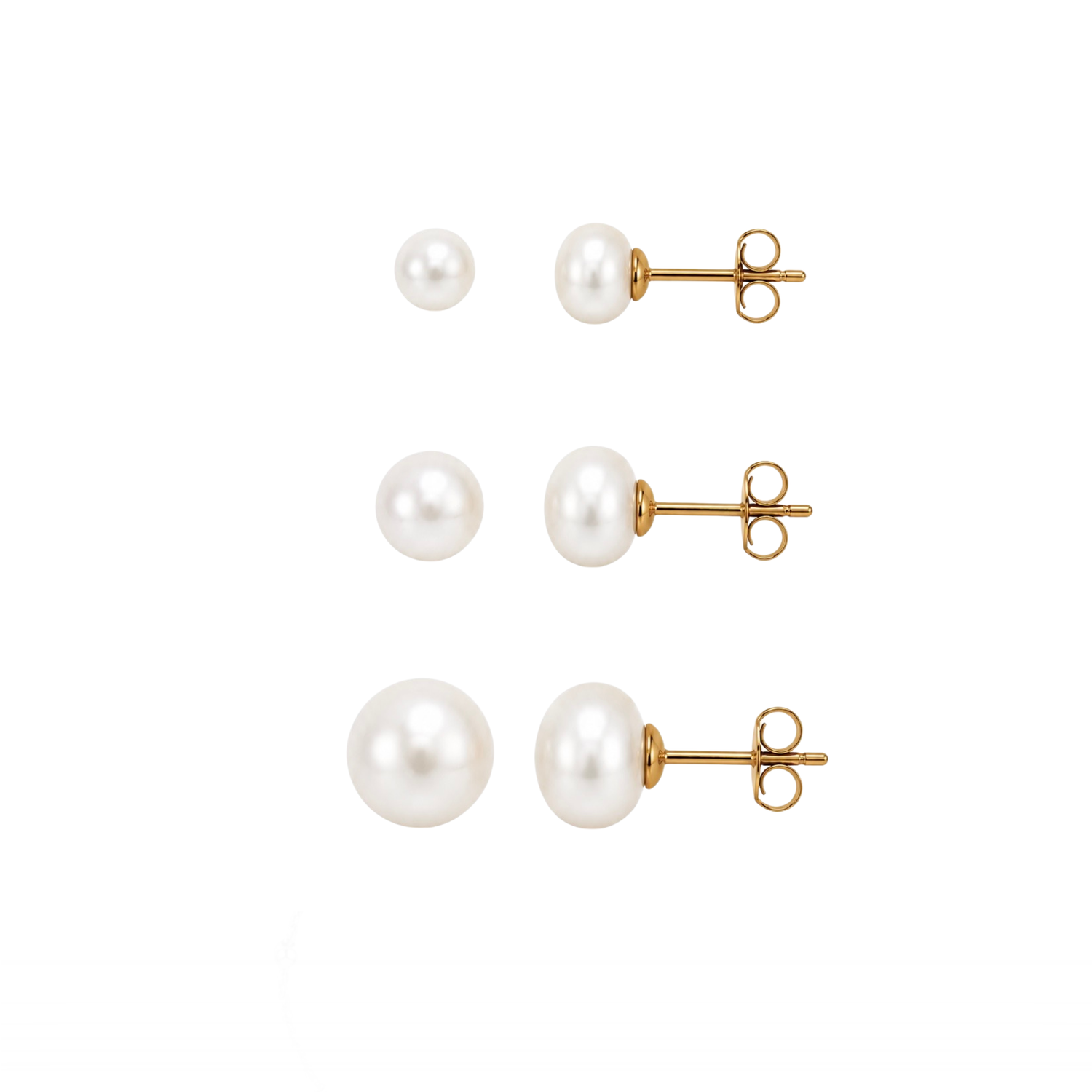 Three pairs of pearl stud earrings with gold posts and butterfly backings, shown in small, medium, and large sizes on a plain white background.
