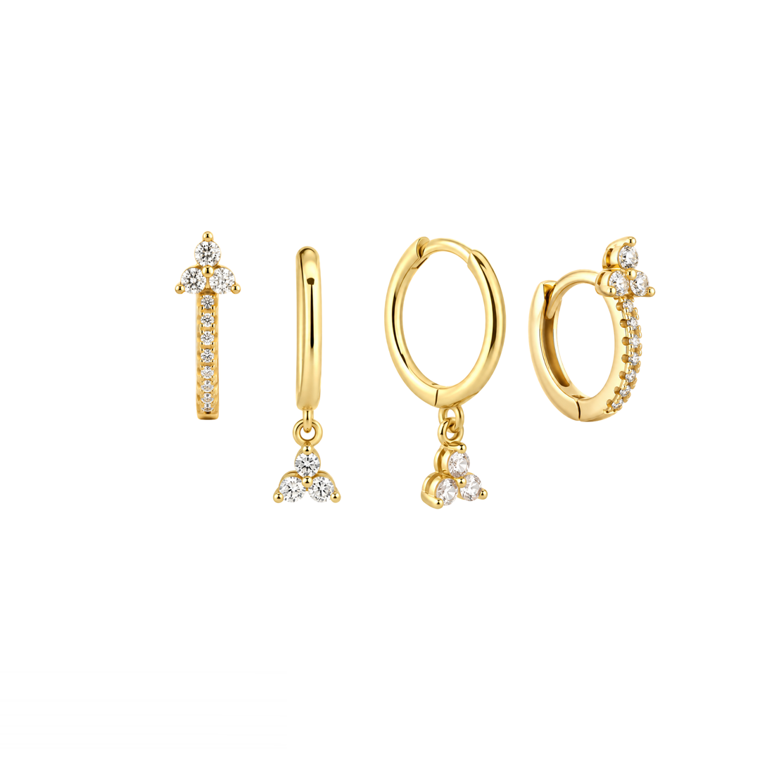 Four gold huggie hoop earrings with clear crystal accents, displayed on a solid white background.