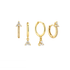 Four gold huggie hoop earrings with clear crystal accents, displayed on a solid white background.
