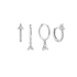 Four silver-toned huggie hoop earrings with clear crystal details, arranged on a plain white background.