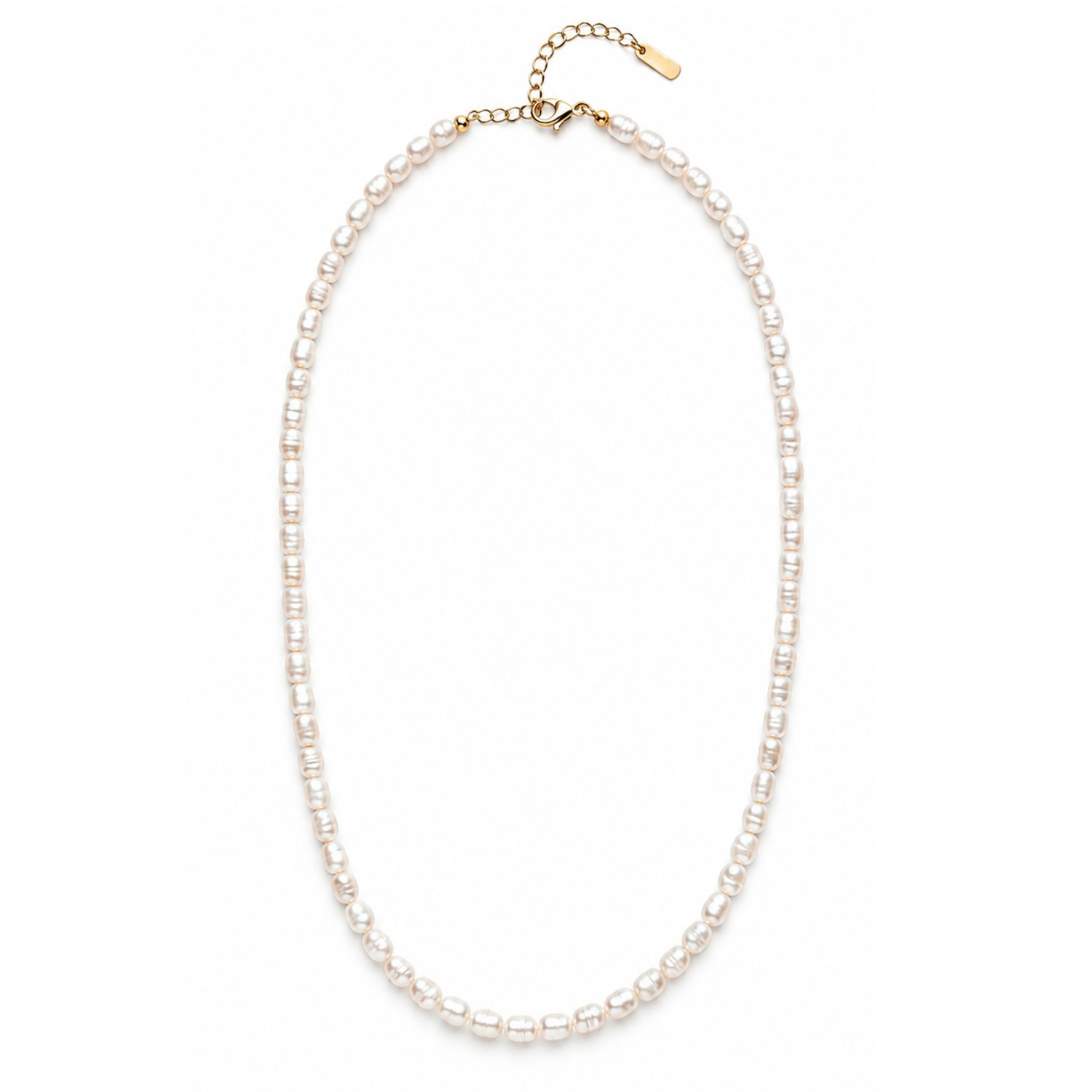 A delicate strand necklace made of small white pearls with a gold clasp and extender chain, shown on a plain white background.