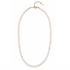 A delicate strand necklace made of small white pearls with a gold clasp and extender chain, shown on a plain white background.